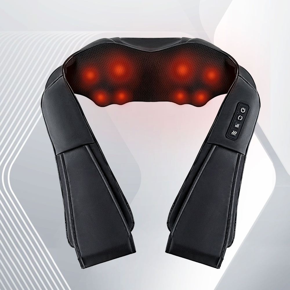 Hlpmedical Livemor 8 massage nodes neck massager with heating for relaxation and pain relief, black device on a wooden table.