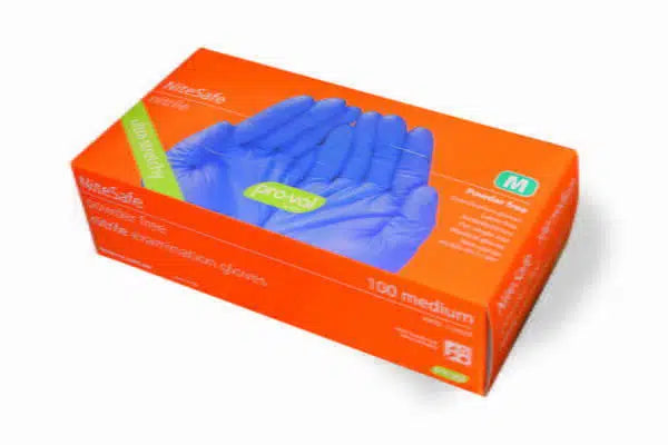 Box of 1000 HLP Medical Nitrate Powder-Free Examination Gloves, blue nitrile gloves for medical use.