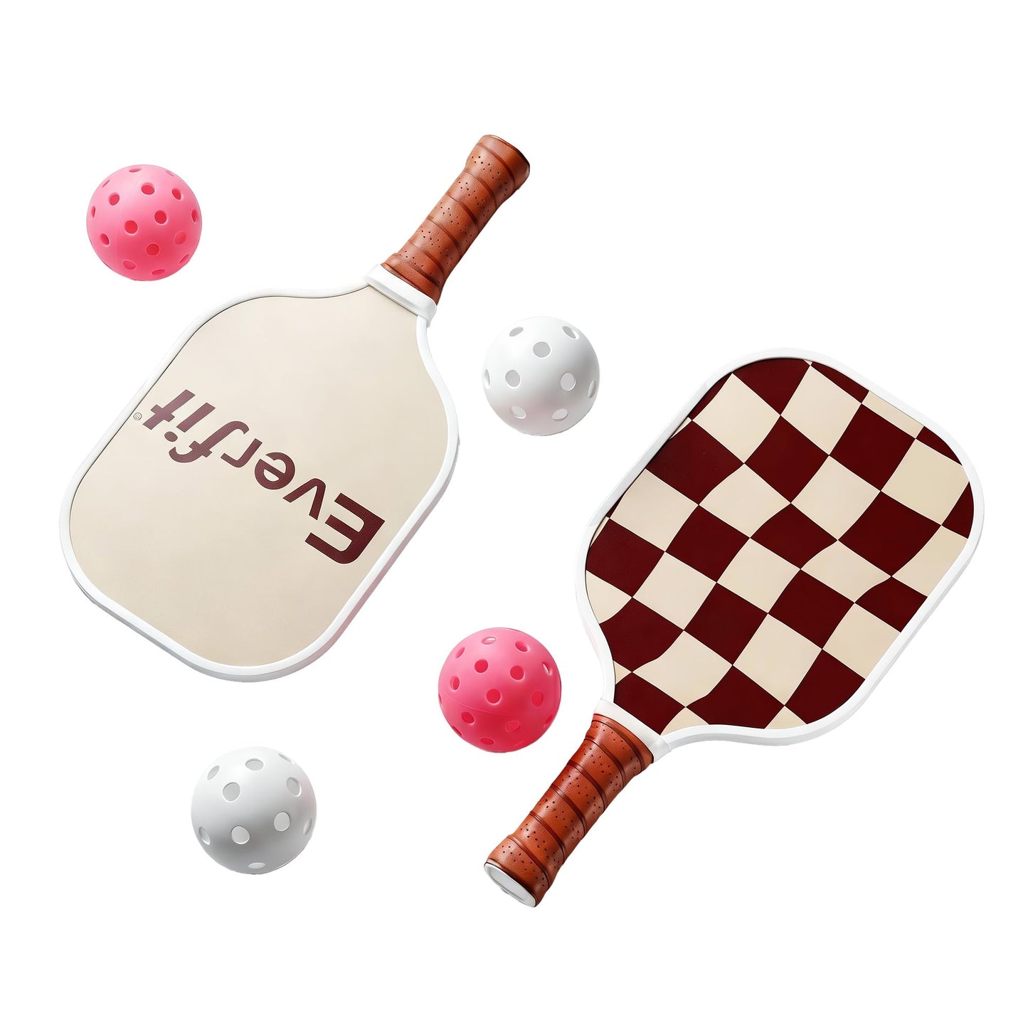 Everfit pickleball paddle set with fibreglass racquets and honeycomb core, shown with brown paddles and carrying bag.