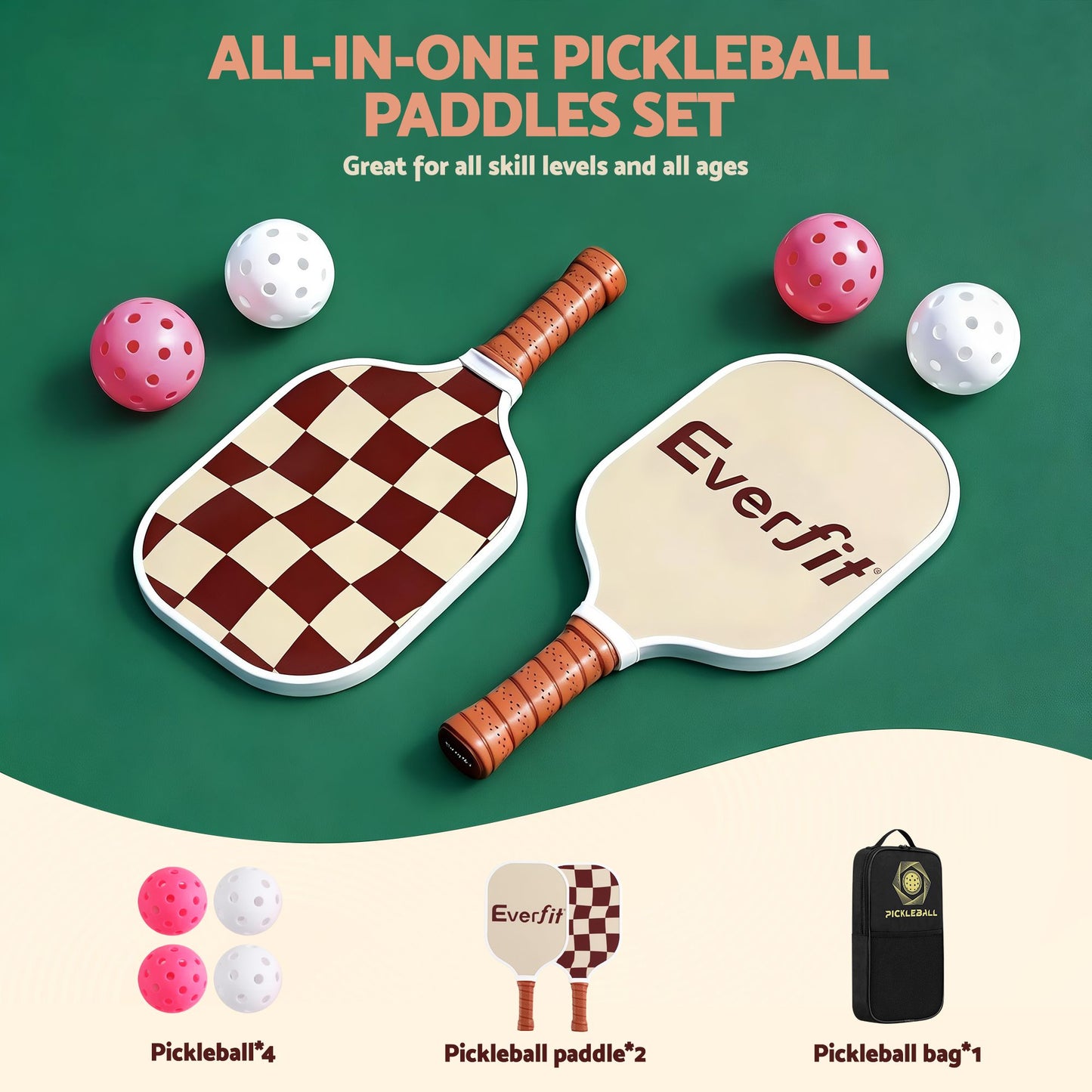 Everfit pickleball paddle set with fibreglass racquets, honeycomb core, and carrying bag in brown for pickleball sports.