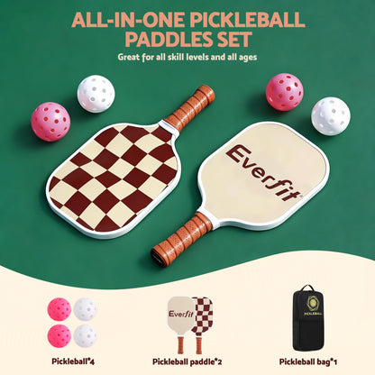 Everfit pickleball paddle set with fibreglass racquets, honeycomb core, and carrying bag in brown for pickleball sports.
