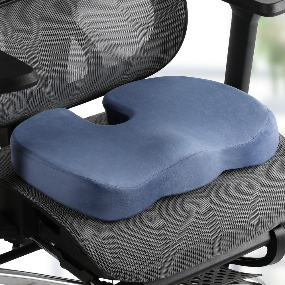Blue Giselle Bedding memory foam seat cushion for back pain relief, ergonomic design, ideal for office or home chairs.