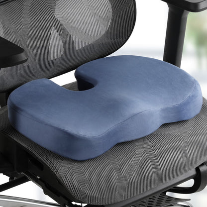 Blue Giselle Bedding memory foam seat cushion for back pain relief, ergonomic design, ideal for office or home chairs.