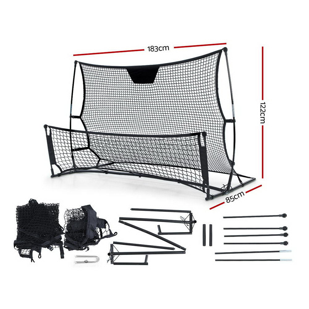 Black Everfit 1.8m portable soccer goal net with rebounder for sports training, featuring sturdy frame and mesh netting.