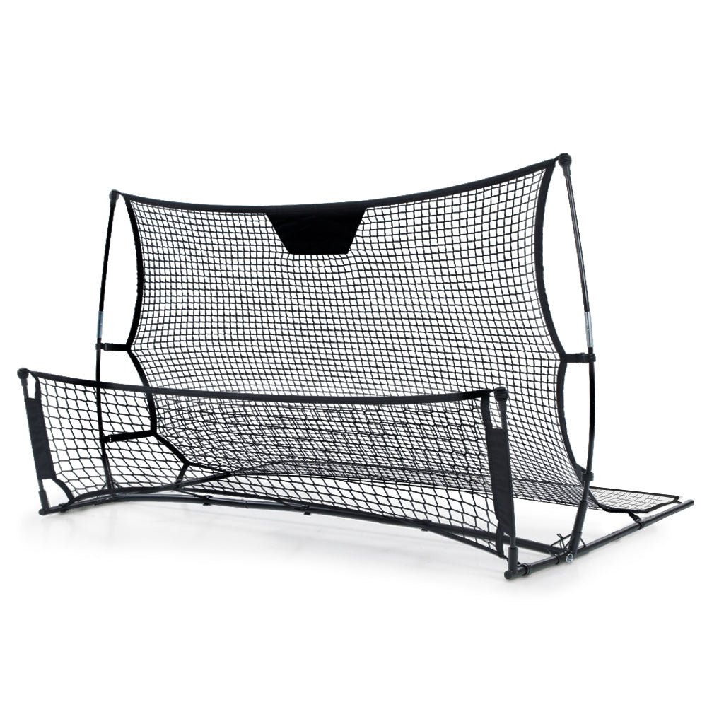 Portable black Everfit 2.1m soccer goal net with rebounder for sports training, ideal for soccer practice and ball sports.