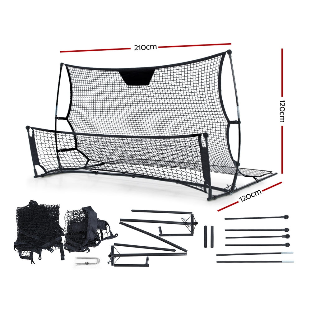 Black portable Everfit 2.1m soccer goal net with rebounder for sports training, designed for soccer and ball sports.
