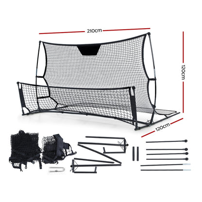 Black portable Everfit 2.1m soccer goal net with rebounder for sports training, designed for soccer and ball sports.