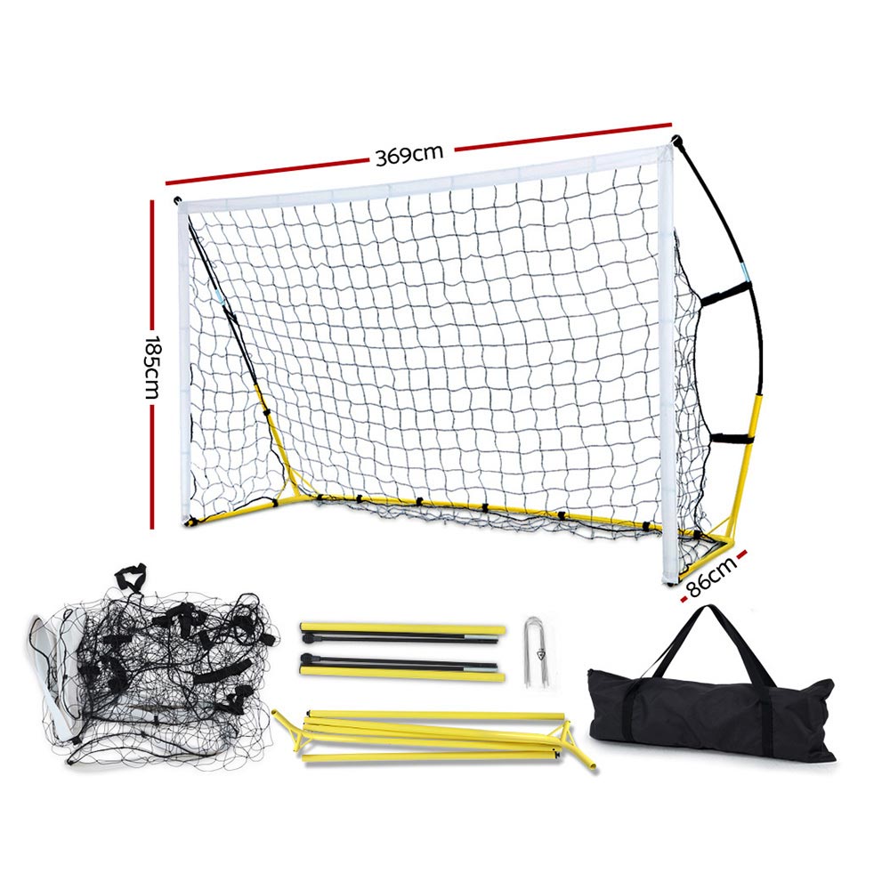 Everfit 3.6m portable soccer goal net with rebounder for sports training, featuring bright yellow accents and sturdy frame.