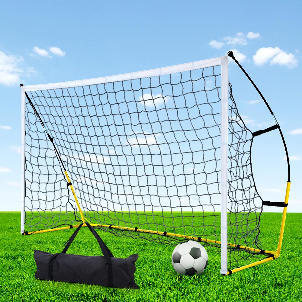 Everfit 2.4m portable soccer goal net for training, with rebounder, used for soccer practice and sports training sessions.
