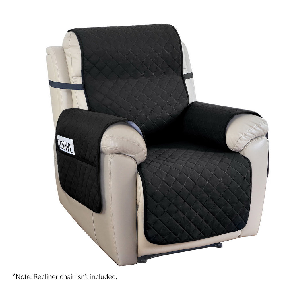 Black water-resistant Artiss recliner chair cover on a recliner, protecting the armchair from spills and stains.