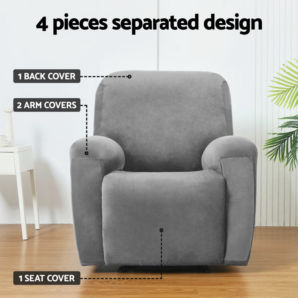 Velvet grey Artiss 1-seater recliner chair cover on a stylish armchair, protecting the furniture with soft, fitted fabric.