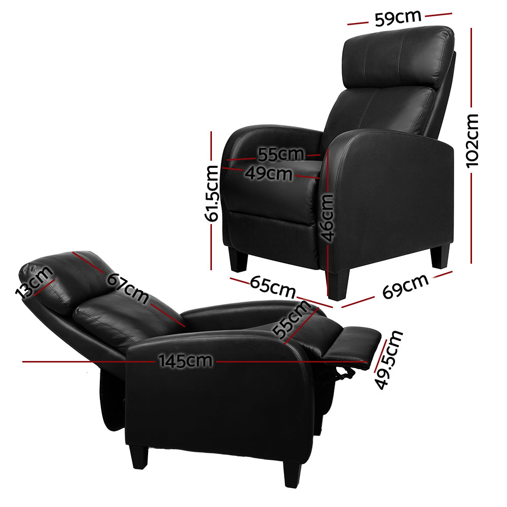 Black Artiss PU Leather Reclining Armchair with padded armrests and ergonomic design, ideal for comfortable seating.