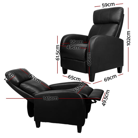 Black Artiss PU Leather Reclining Armchair with padded armrests and ergonomic design, ideal for comfortable seating.