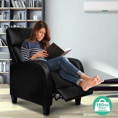 Black Artiss PU leather reclining armchair with padded armrests and back support, designed for comfortable lounging.