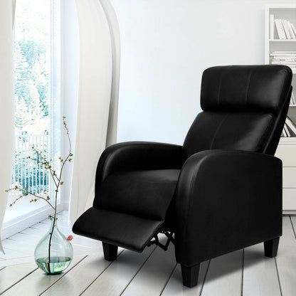 Black Artiss PU leather reclining armchair with padded armrests and plush cushioning, ideal for comfortable seating.