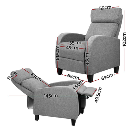 Grey Artiss fabric reclining armchair with padded armrests and backrest, designed for comfortable seating and relaxation.