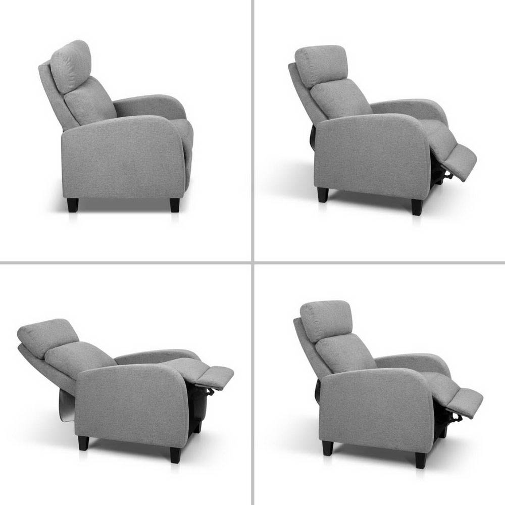 Grey Artiss fabric reclining armchair with padded armrests and ergonomic design, perfect for comfortable relaxation.