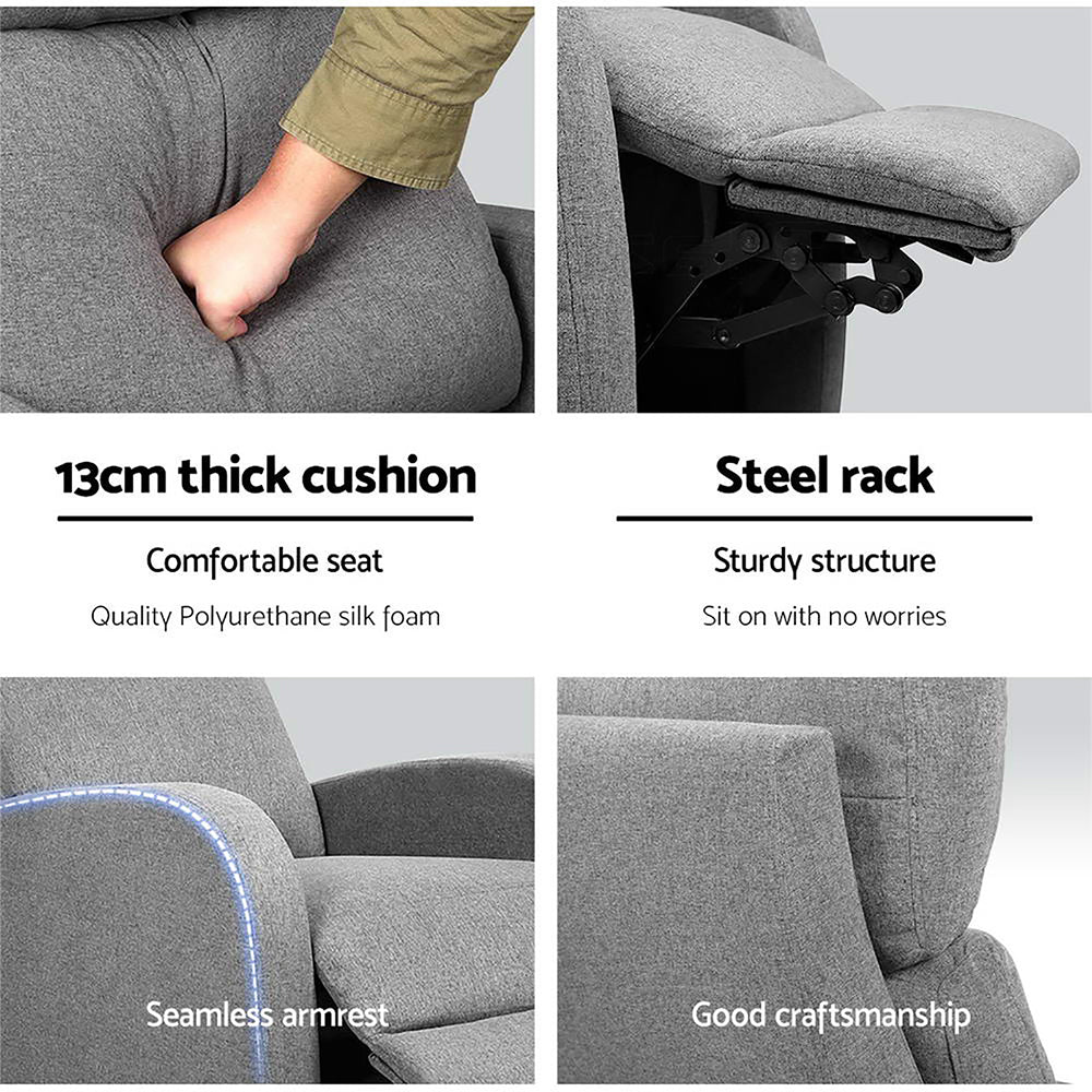 Grey Artiss fabric reclining armchair with cushioned seat and backrest, featuring a comfortable, modern design.