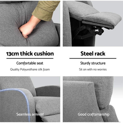 Grey Artiss fabric reclining armchair with cushioned seat and backrest, featuring a comfortable, modern design.