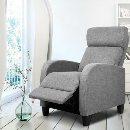Grey Artiss fabric reclining armchair with padded armrests and plush upholstery, perfect for relaxing in a modern living space.