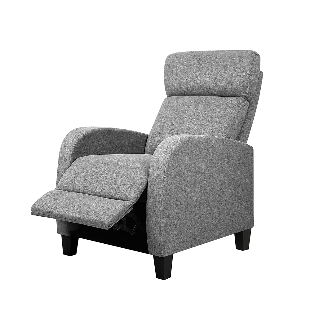 Grey Artiss fabric reclining armchair with cushioned seat and backrest, perfect for comfortable lounging.