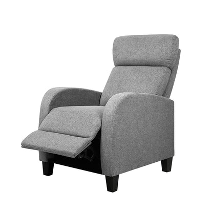 Grey Artiss fabric reclining armchair with cushioned seat and backrest, perfect for comfortable lounging.