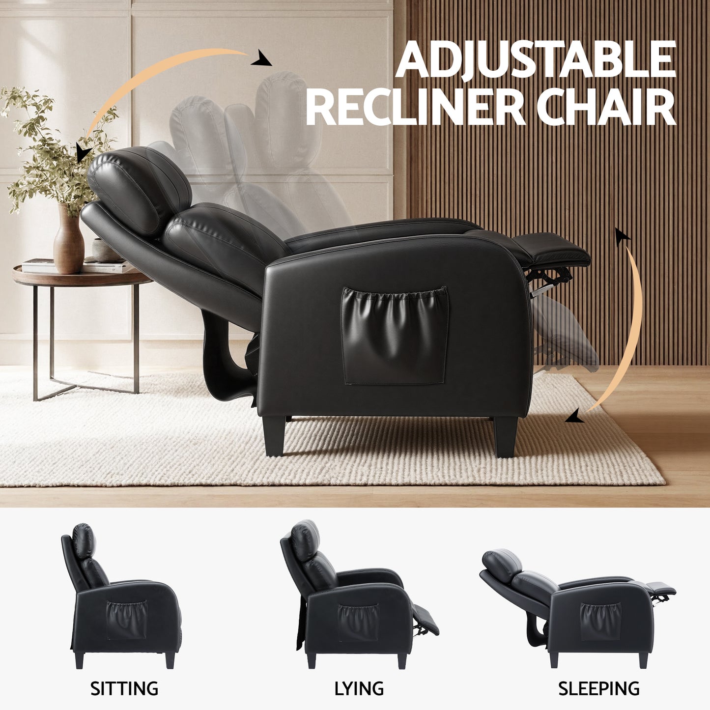 Black Artiss massage recliner chair for adults with PU leather, small ergonomic arm chair for relaxation and comfort.