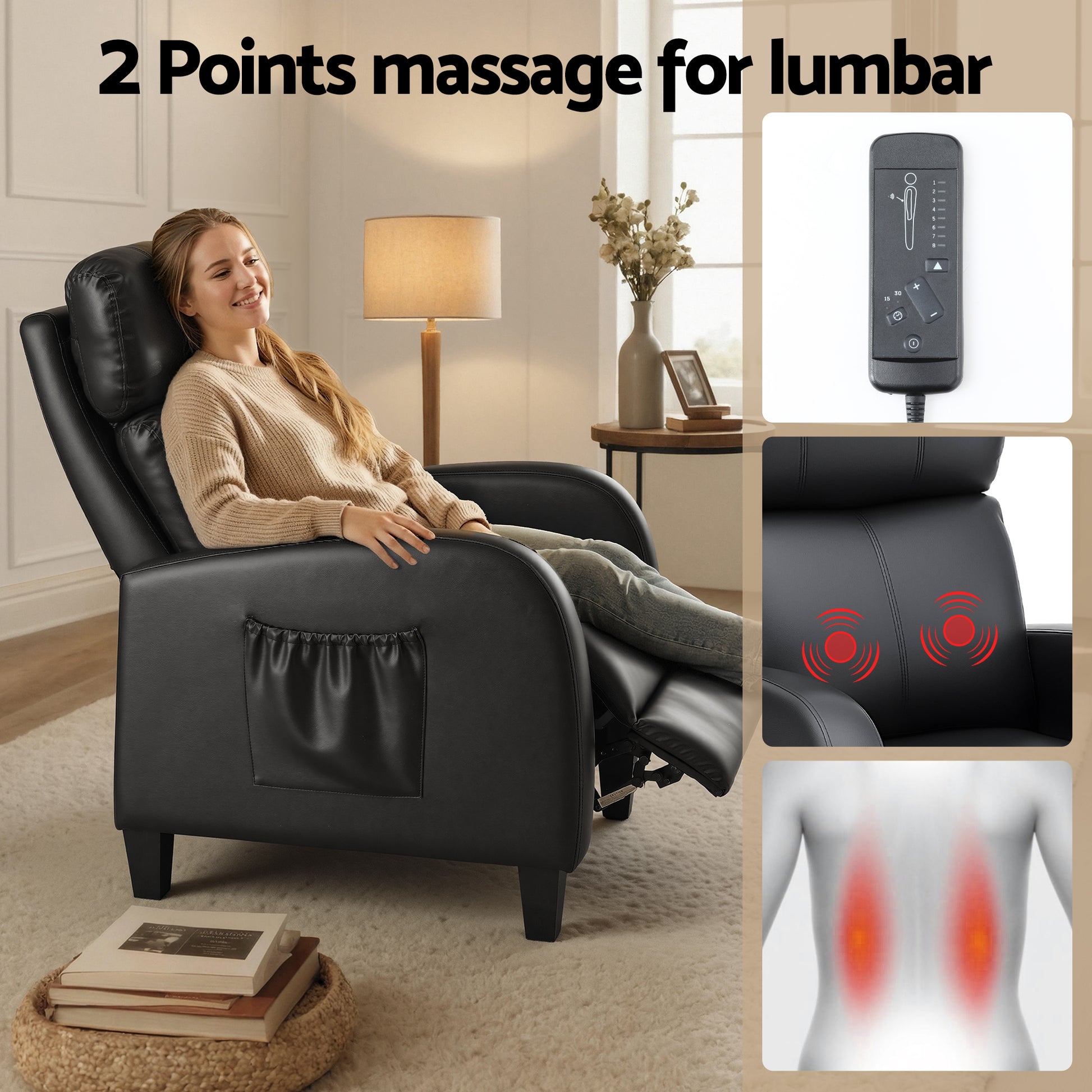 Black Artiss massage recliner chair with PU leather, small armchair sofa for adults, designed for comfort and relaxation.