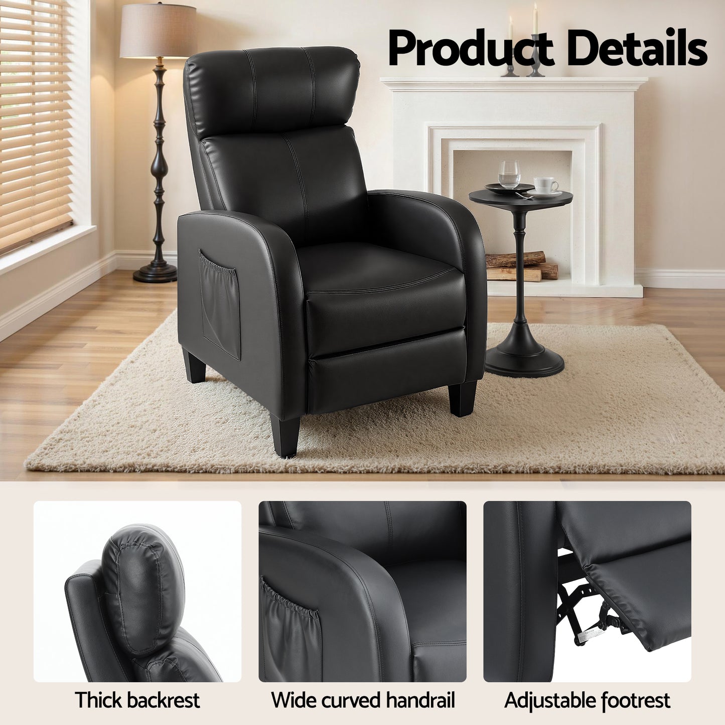 Black Artiss massage recliner chair in PU leather, small armchair for adults, comfortable and stylish recliner sofa.