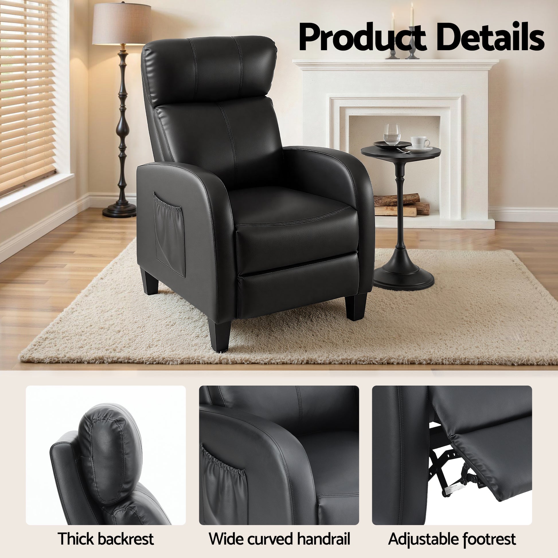 Black Artiss massage recliner chair in PU leather, small armchair for adults, comfortable and stylish recliner sofa.