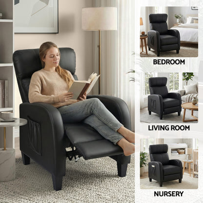 Black Artiss massage recliner chair for adults, upholstered in PU leather, featuring a compact design for comfortable lounging.
