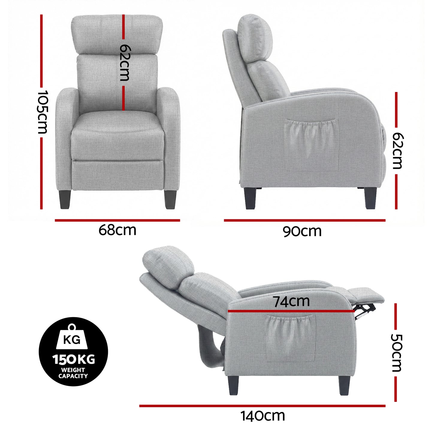 Grey Artiss massage recliner chair for adults, fabric arm chair with reclining feature, designed for comfort and relaxation.