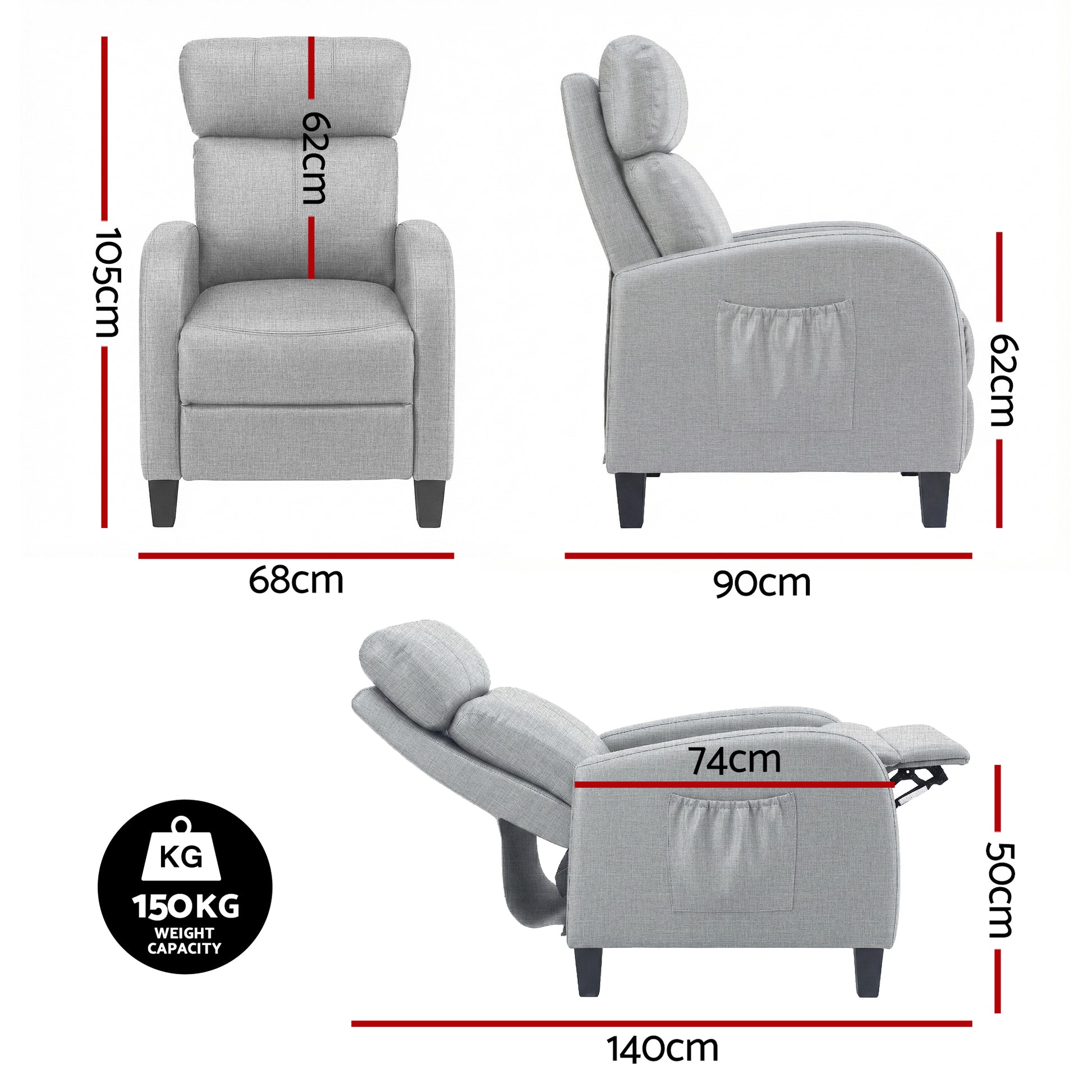 Grey Artiss massage recliner chair for adults, fabric arm chair with reclining feature, designed for comfort and relaxation.