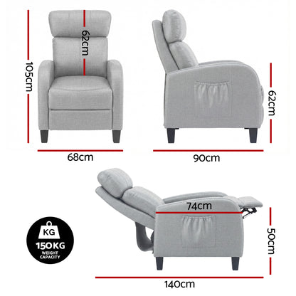 Grey Artiss massage recliner chair for adults, fabric arm chair with reclining feature, designed for comfort and relaxation.