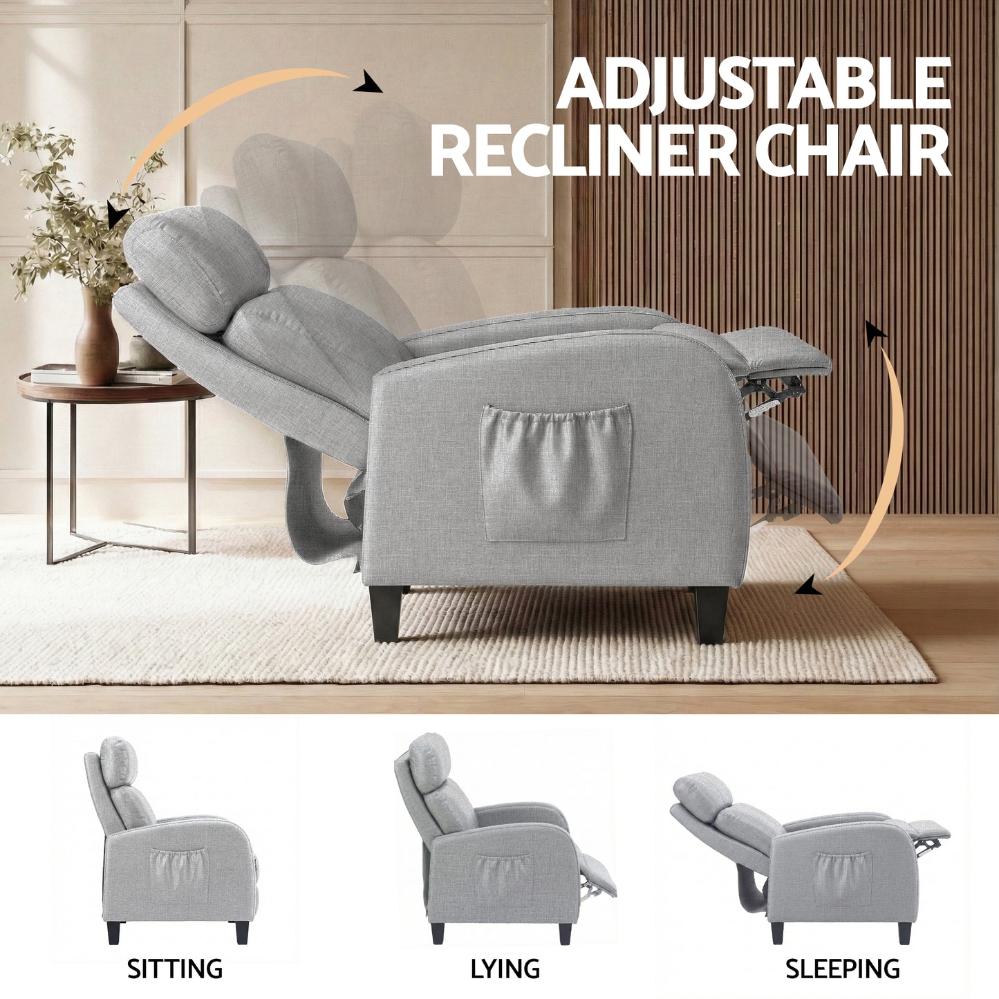 Grey Artiss massage recliner chair for adults, fabric arm chair with reclining feature, designed for comfortable relaxation.