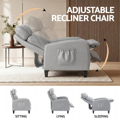 Grey Artiss massage recliner chair for adults, fabric arm chair with reclining feature, designed for comfortable relaxation.