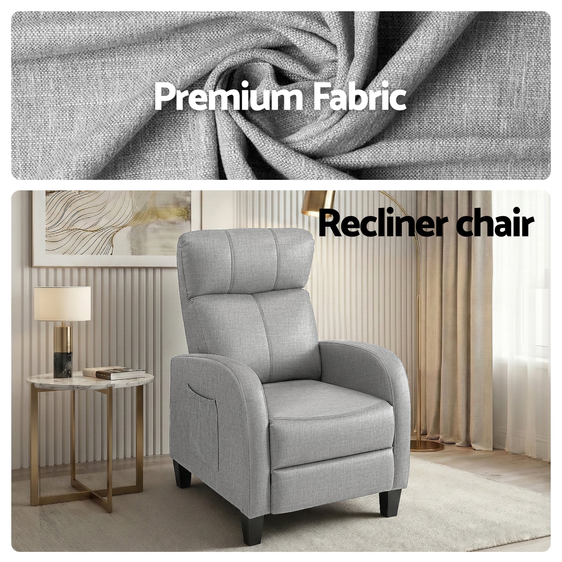 Grey Artiss massage recliner chair with fabric upholstery, small armchair for adults, featuring a comfortable recline and modern design.