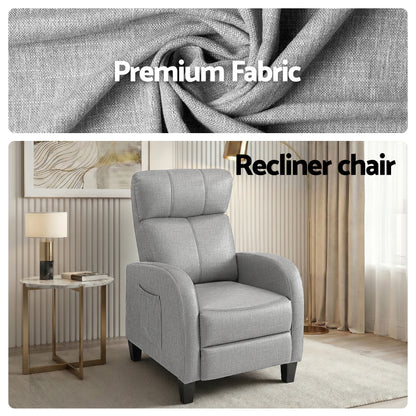 Grey Artiss massage recliner chair with fabric upholstery, small armchair for adults, featuring a comfortable recline and modern design.