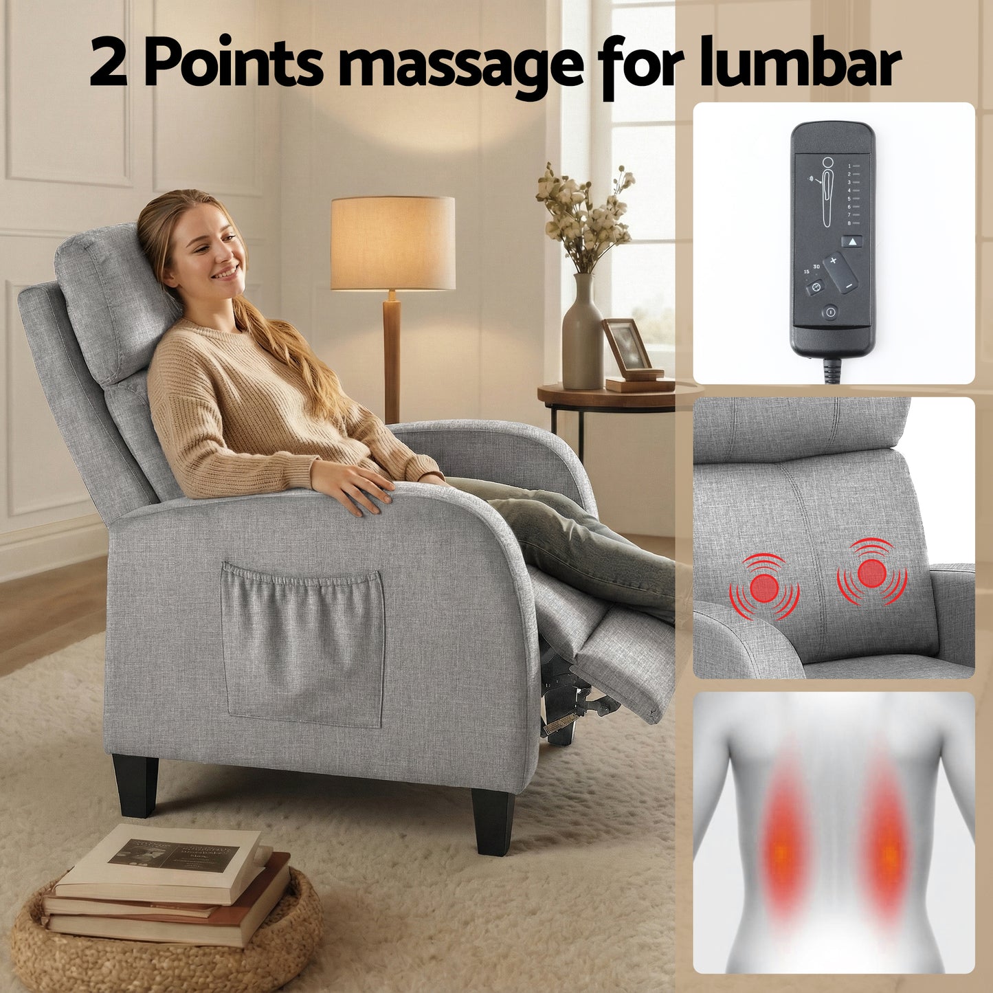 Grey Artiss massage recliner chair with fabric upholstery, small armchair perfect for adults, Hlpmedical furniture piece.