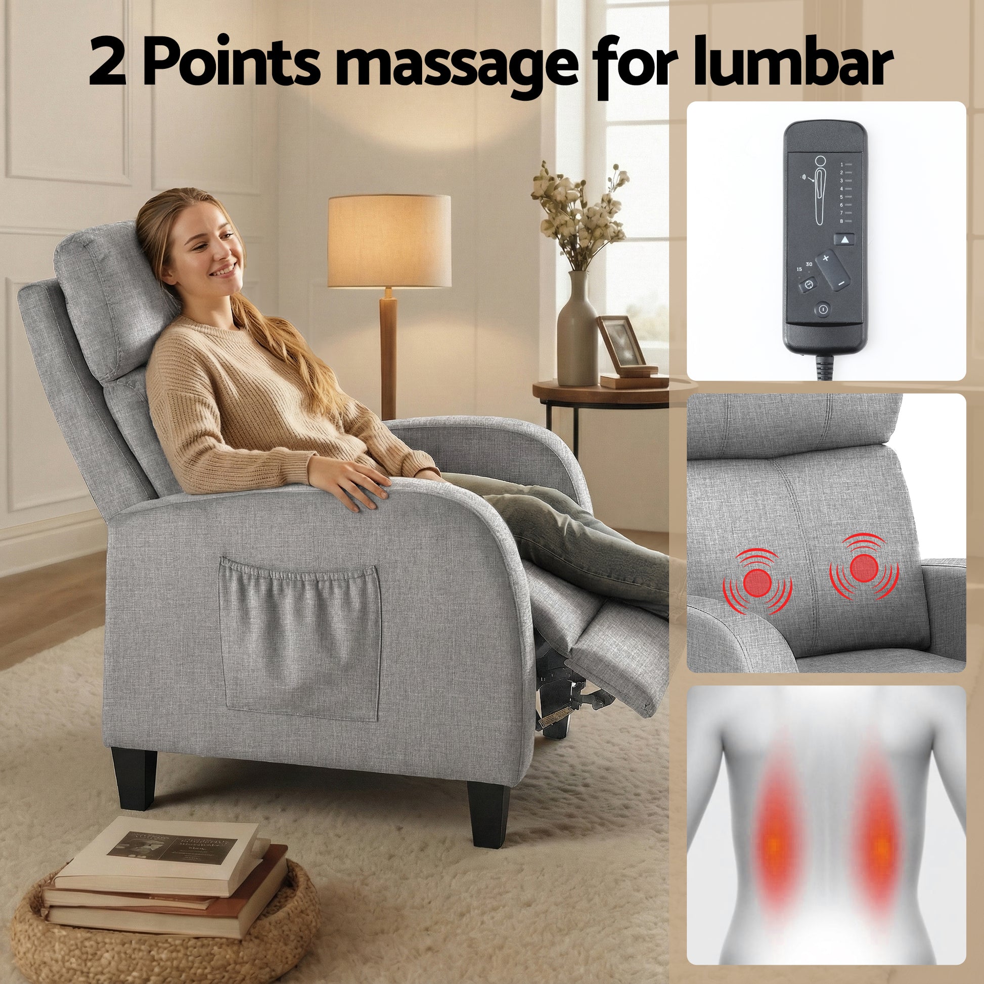 Grey Artiss massage recliner chair with fabric upholstery, small armchair perfect for adults, Hlpmedical furniture piece.