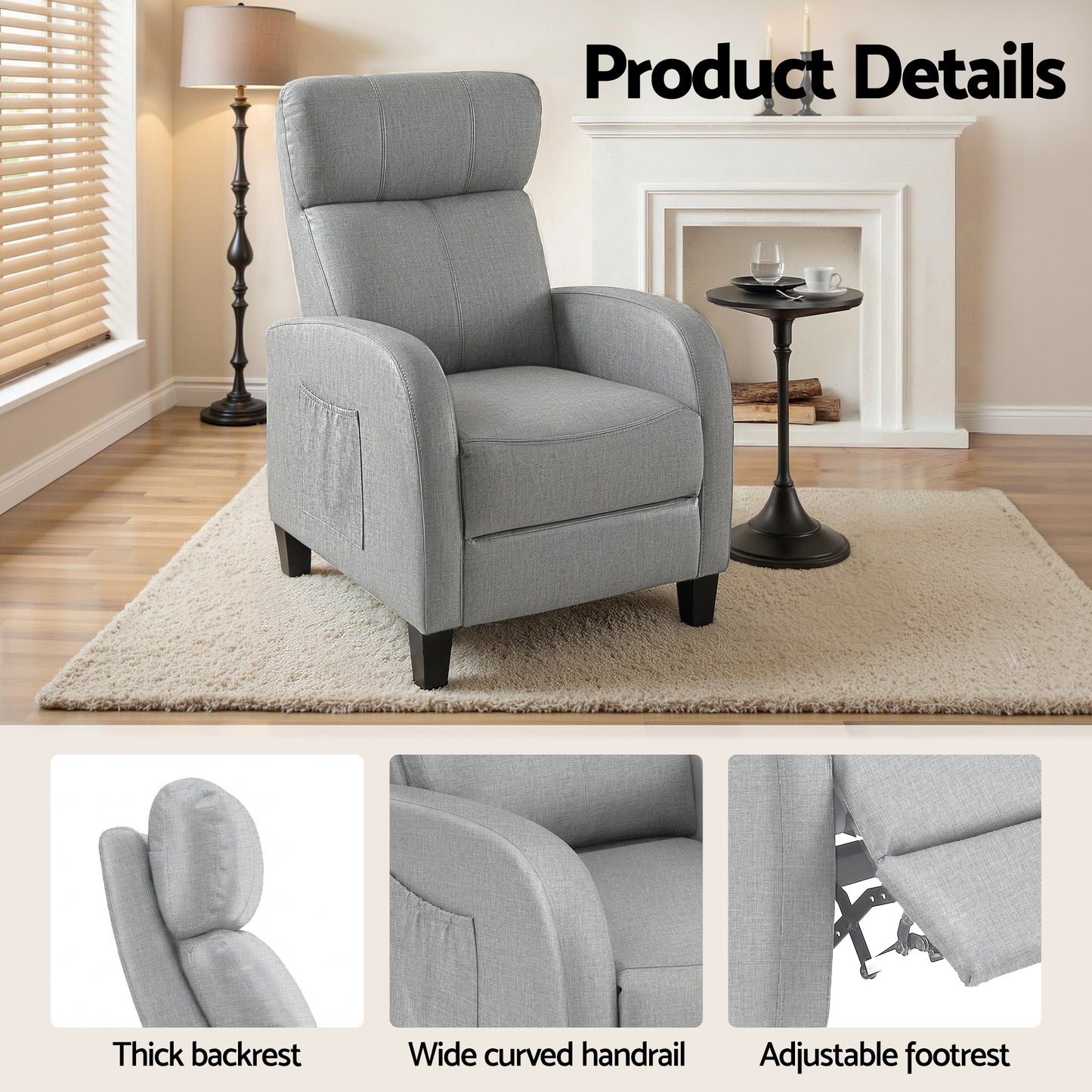 Grey Artiss massage recliner chair for adults, fabric arm chair with reclining feature, designed for comfort and relaxation.