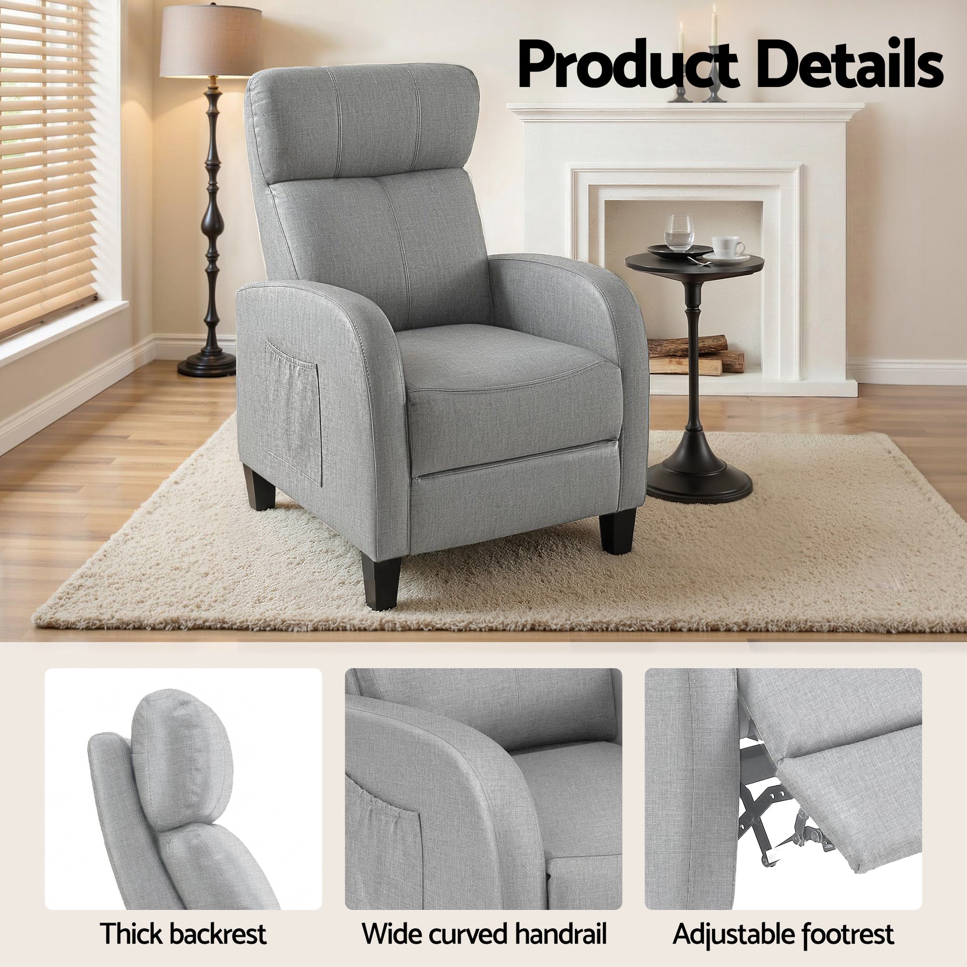Grey Artiss massage recliner chair for adults, fabric arm chair with reclining feature, designed for comfort and relaxation.