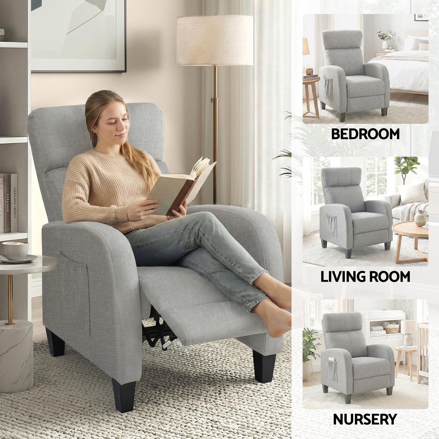Gray Artiss massage recliner chair for adults, fabric armchair with reclining feature, designed for comfort and relaxation.