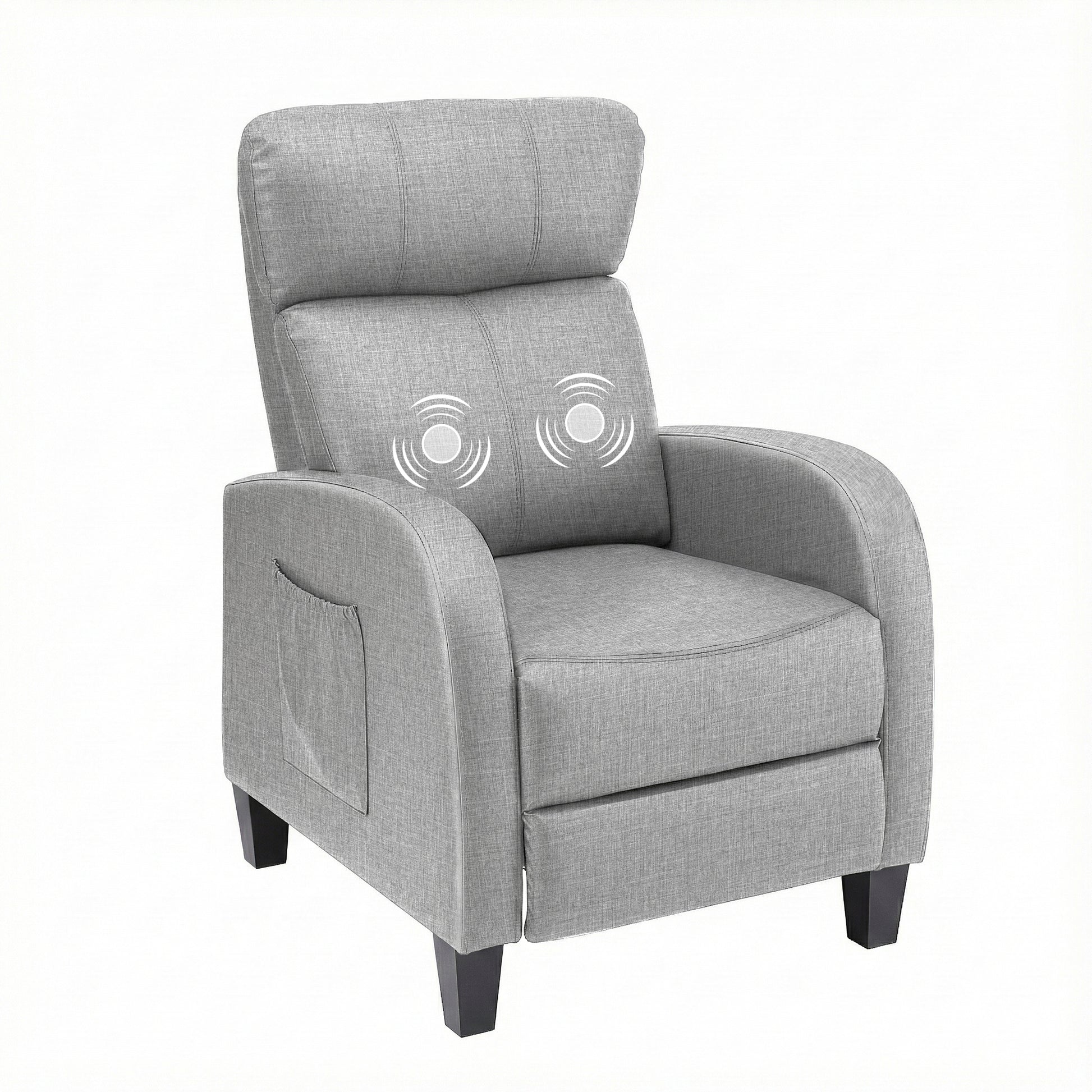 Grey Artiss massage recliner chair with fabric upholstery, small armchair designed for adult comfort and relaxation.