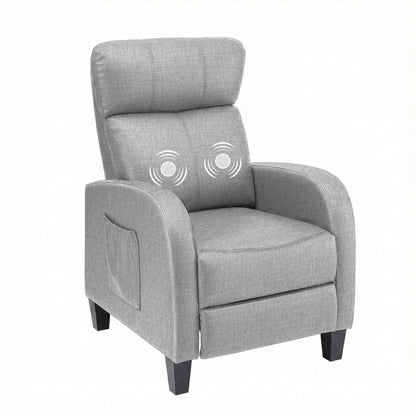 Grey Artiss massage recliner chair with fabric upholstery, small armchair designed for adult comfort and relaxation.