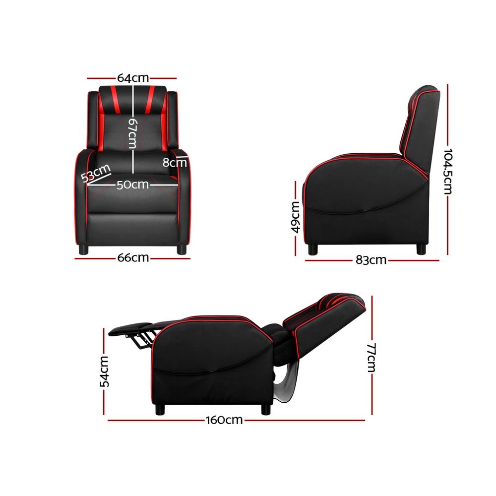 Black leather Artiss gaming recliner chair with adjustable backrest and armrests, designed for comfort and support.