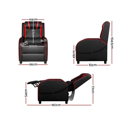 Black leather Artiss gaming recliner chair with adjustable backrest and armrests, designed for comfort and support.