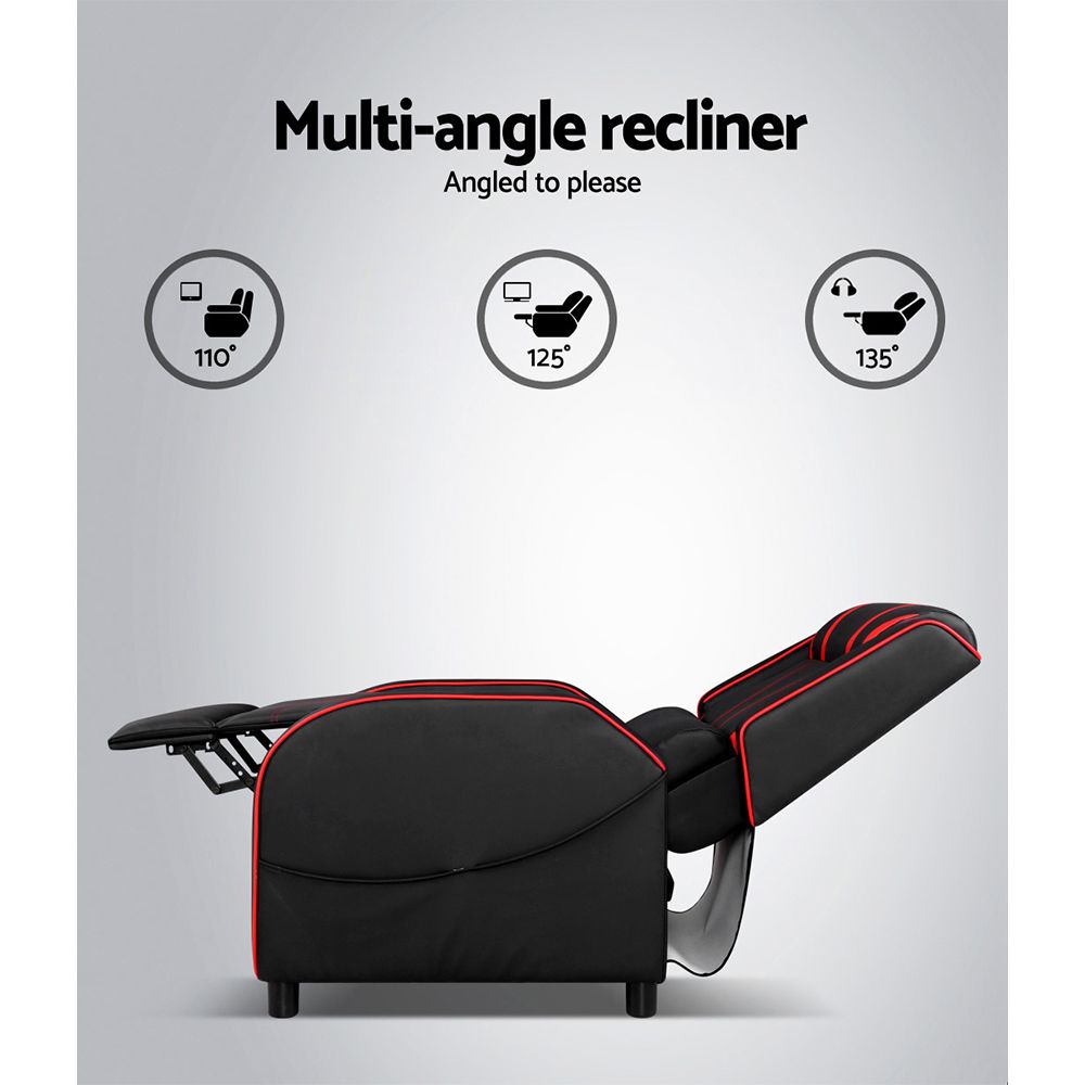 Black leather Artiss gaming recliner chair with adjustable backrest and armrests, designed for comfort and support.