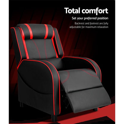 Black leather Artiss gaming recliner chair with adjustable backrest and armrests, designed for comfortable gaming and relaxation.