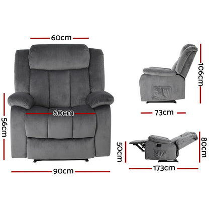 Hlpmedical Artiss grey velvet electric recliner massage chair with heated function, lounge sofa style for relaxing comfort.